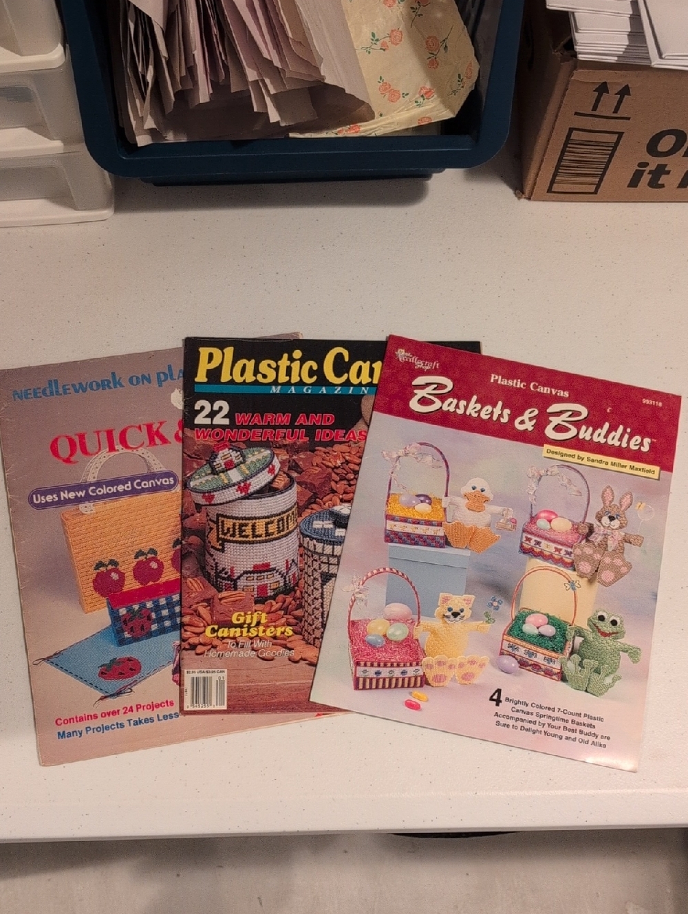 Assorted Plastic Canvas Craft Pattern Booklets - Pink, Red, Blue Covers